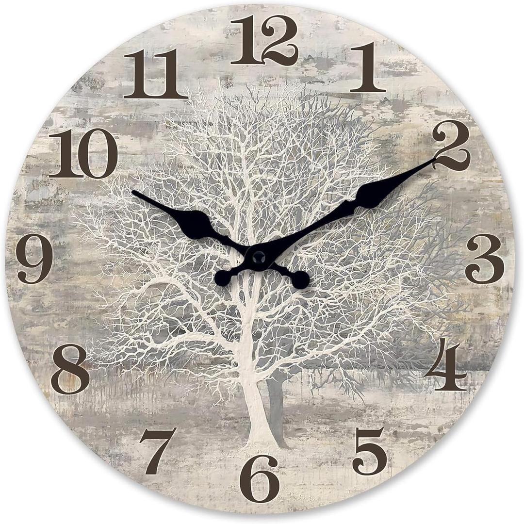 XFM Farmhouse Wall Clock Silent Wooden Wall Clocks Battery Operated 14 inch Rustic Country Tree of Life Clock Decorative for Kitchen Living Room Bedroom (Gray)