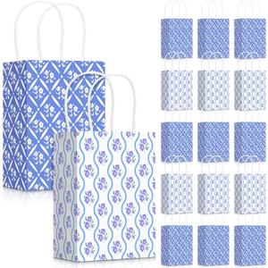 Cholemy 50 Pcs Coastal Gift Bags Bulk Blue Floral Paper Bags with Handles, 1 Count