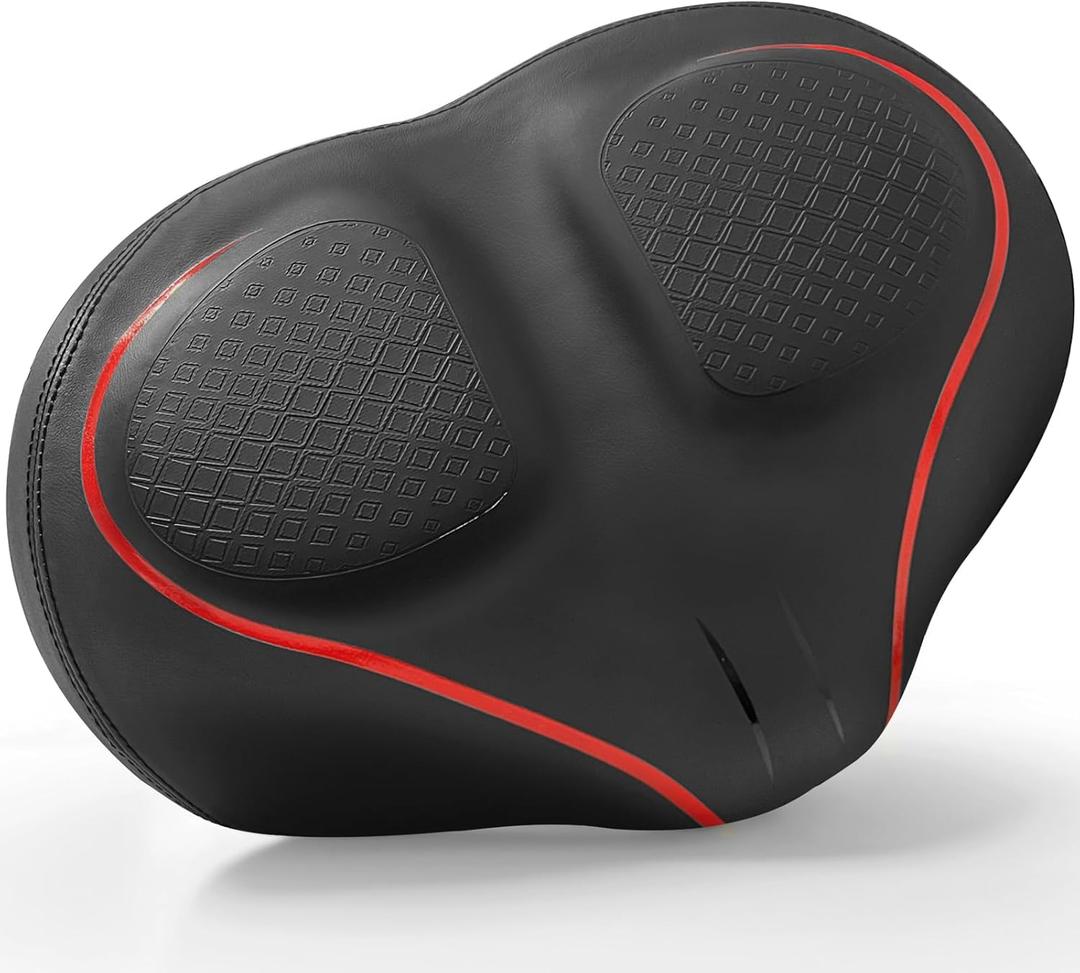 Xmifer Oversized Bike Seat - Comfortable Bicycle Saddle, Middle Groove Design, 2.95" Thick Memory Foam, Universal Fit Indoor Outdoor, Exercise or Road Bikes (Noseless Red)