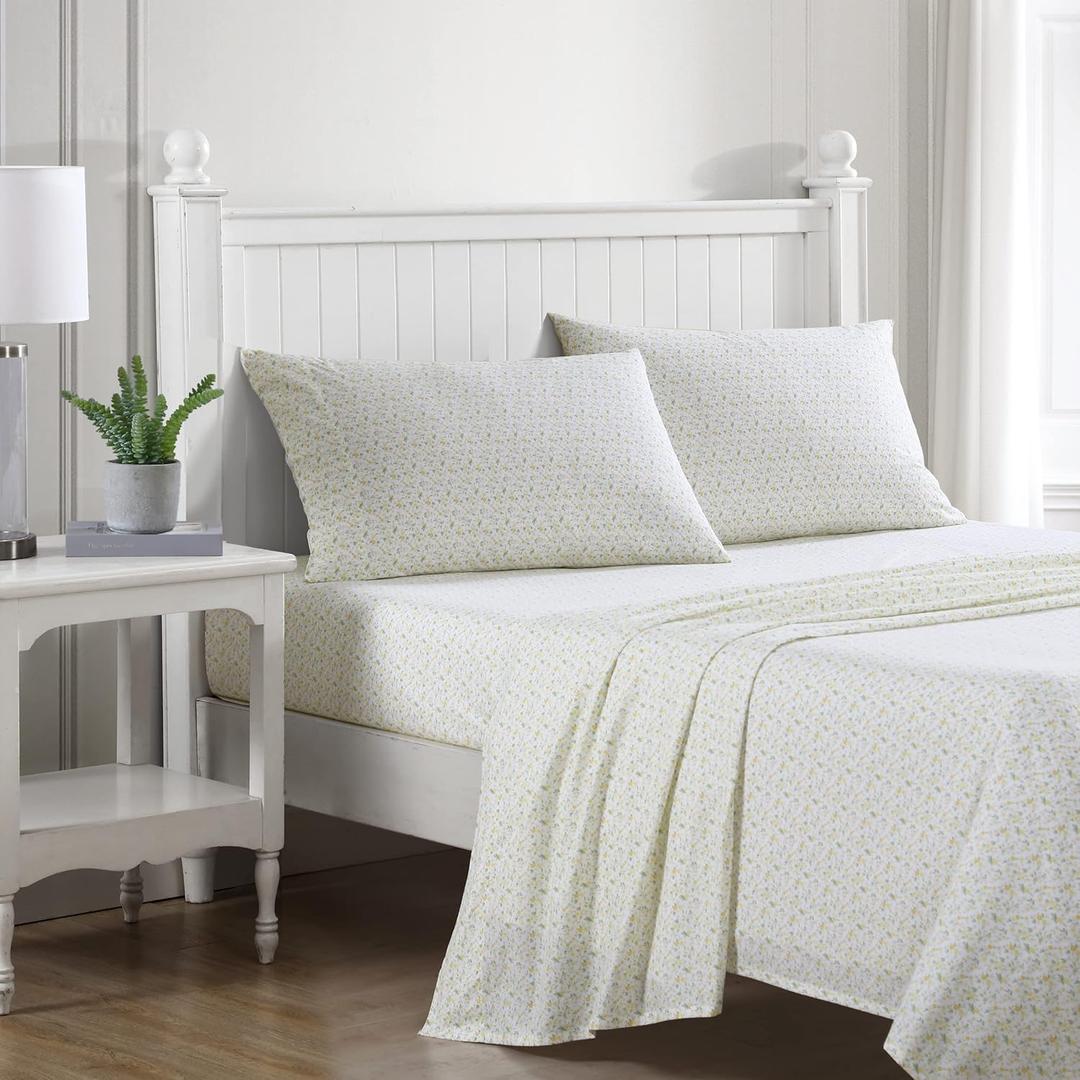Laura Ashley - Full Sheets, Cotton Percale Bedding Set, Lightweight & Breathable Home Decor, Dorm Room Essentials (Evie Yellow, Full)