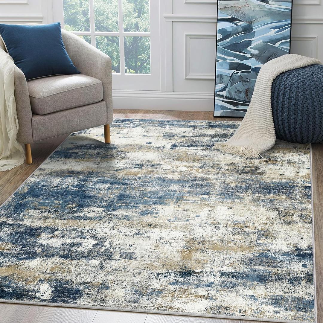 BEIMO Machine Washable Rug 8x10 Area Rugs for Living Room Bedroom, Large Navy Blue Beige Abstract Area Rug Soft Throw Rugs, Low-Pile Floor Carpet with Non Slip Rubber Backing