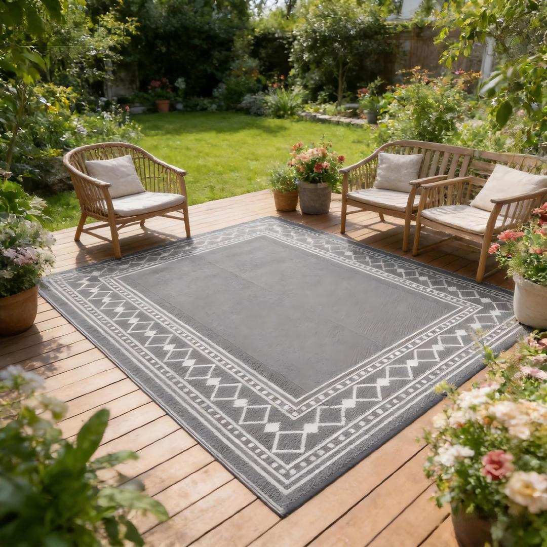 MilleLoom Outdoor Patio Rug 9x18 Waterproof Outside Area Rugs Diamond Border Reversible Plastic Straw Carpet for RV Deck Camping Entryance Porch Picnic Balcony Beach，Grey