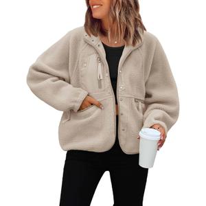 ReachMe Womens Sherpa Jacket Casual Lapel Button Down Cropped Fuzzy Fleece Jackets Long Sleeve Winter Coats with Pockets (Medium, Khaki)