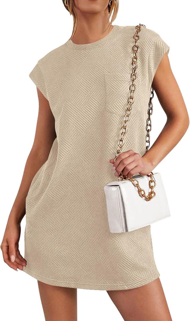 PRETTYGARDEN Women's Summer Short T Shirt Dress Cap Sleeve Crew Neck Casual Loose Basic Mini Dresses (Beige, XL)