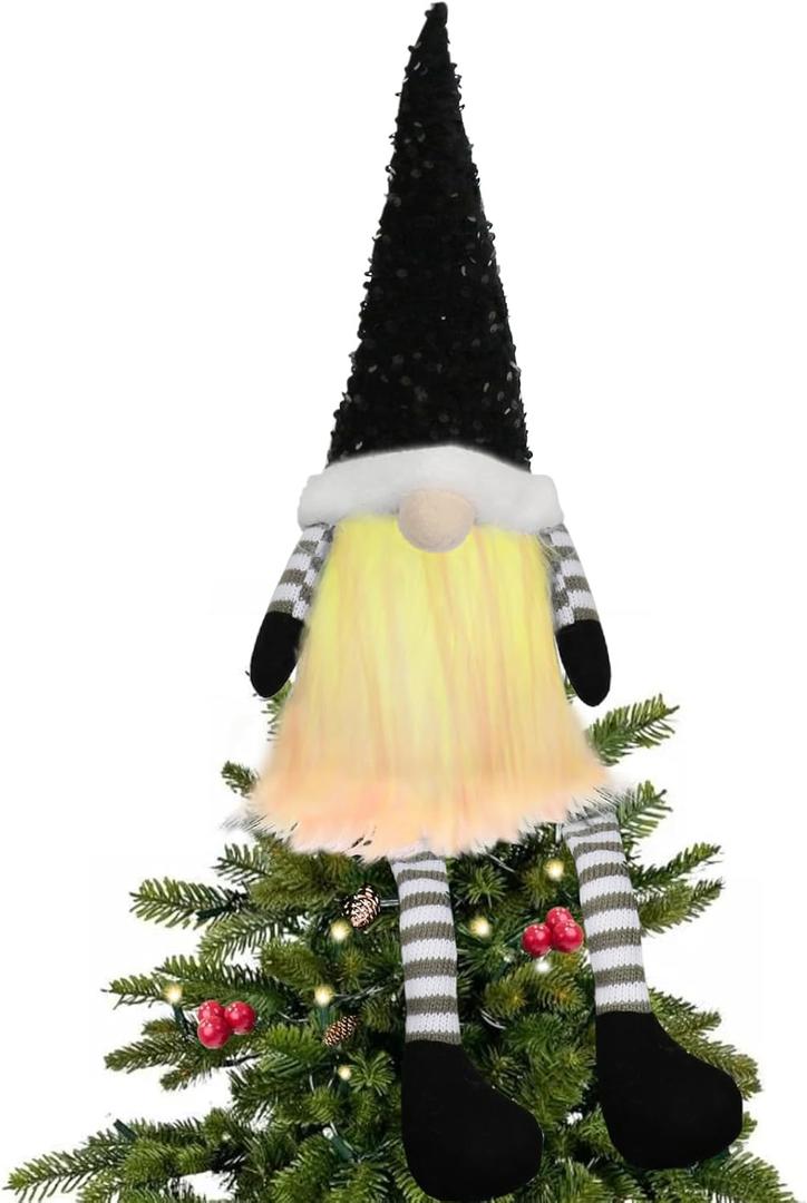 Black Christmas Tree Topper with Lights,Gnome Tree Topper Lighted Unique Tree Toppers Christmas Decorations Battery Operated Tree Topper with Timer 24.8 Inch