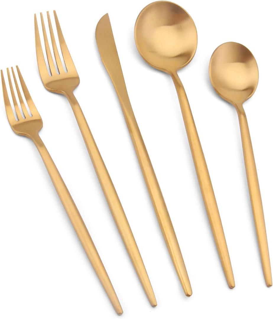 Matte Gold Silverware Set, Vanys 20 Piece Stainless Steel Cutlery Flatware Set, Kitchen Utensil Sets for 4, Tableware With Knife Spoons And Forks Set, Satin Finished Polished