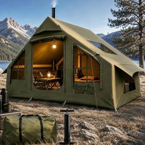Inflatable Camping Tent with Pump, Stove Jack, Skylight, 4-6 Person, 118"L x 83"W x 83"H