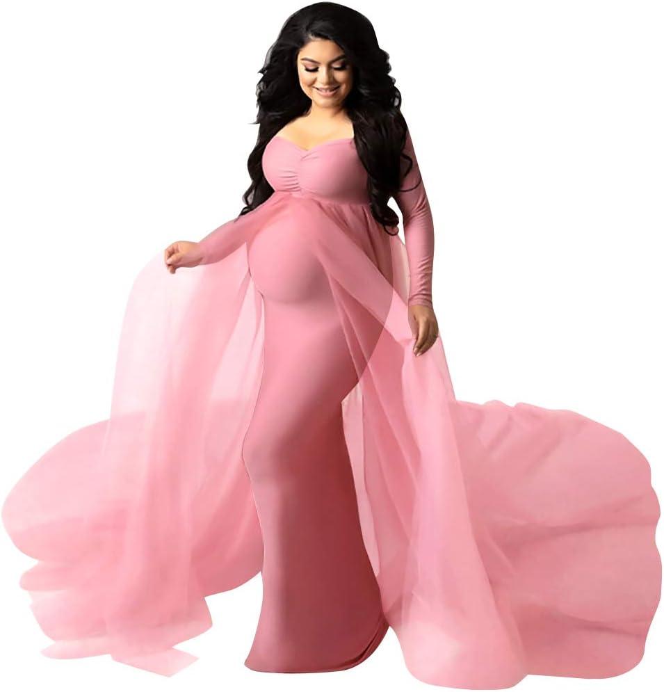 Women Off Shoulder Long Sleeve Maternity Dress Tulle Elegant Slim Fit Gown Baby Shower Photography Maxi Dress for Photo Shoot (Pink, XXL)