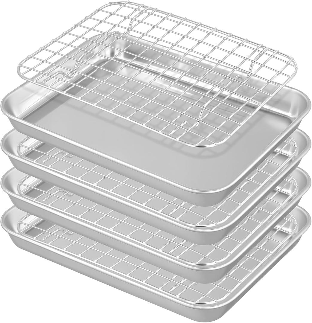 Set of 4 Baking Sheets with Cooling Rack, Stainless Steel Oven Tray and Grid Rack for Baking Roasting, 9.4 x 7 x 1 inch