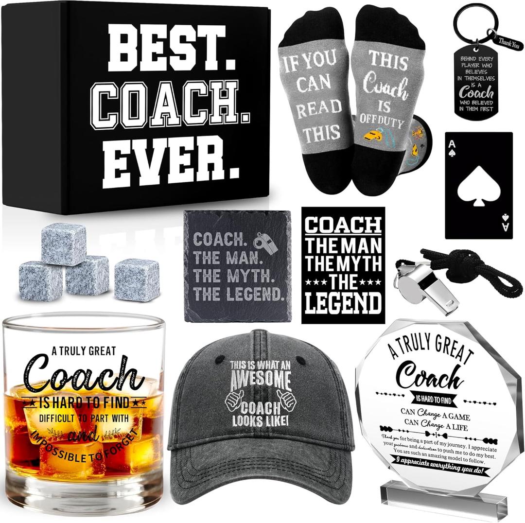 14 Pcs Coach Gifts for Men Whiskey Glass Set, Coaches Appreciation Gift with 11 Oz Whiskey Glass Coaster Stones Crystal Plaque Baseball Cap Socks Keychain Whistle, Best Coach Birthday Christmas Gift