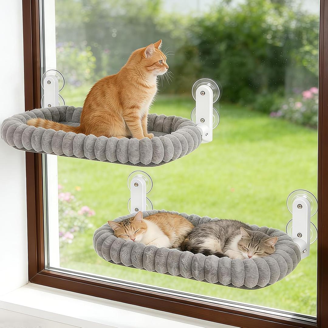 Zoratoo 2PC Cat Window Perch with Bolster Foldable Cat Hammock Cushion Bed for Window with Metal Frame, Cloud-Cuddle Cordless Window Resting Seat for Indoor Cats (Cushion Bed, Gray-L)