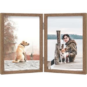 4x6 Double Picture Frame Wooden Hinged Photo Frame Definition Glass Stand Vertically on Desktop or Tabletop (Grain)