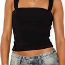 TiulZial Square Neck Tank Top Woman - Double Lined Going Out Tops Summer Ruched Backless Crop Strappy Cute (Black,S)