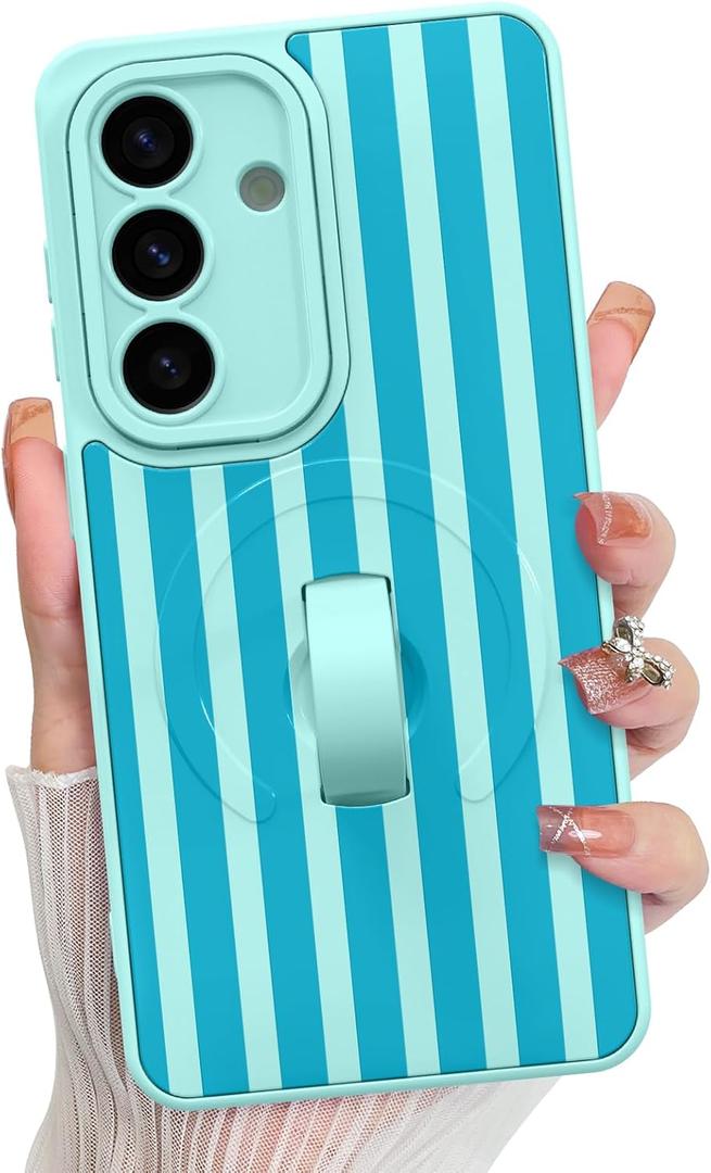 KANGHAR Compatible with Samsung Galaxy S26 Case, Support for MagSafe, Silicone Stripes Cute Pattern, Wristband Kickstand Camera Protection Soft Slim Cover for Girls Women -Blue