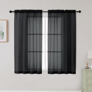 Black Sheer Curtains for Bedroom Living Room 45 Inch Length 2 Panels, Soft Airy Light Filtering Small Kitchen Window Curtains, Rod Pocket Short Curtain Drapes, Black, 42" Wx45 L Inches