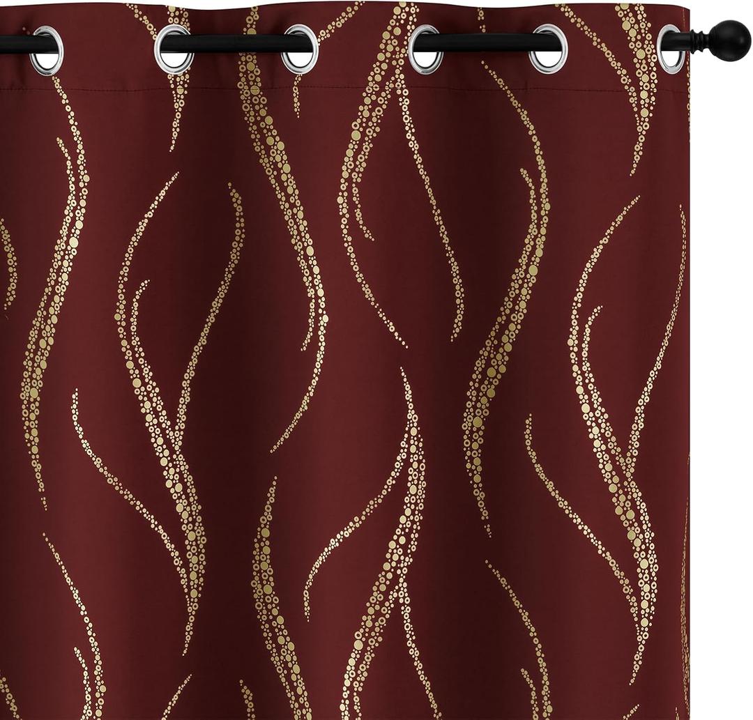 Yakamok Blackout Curtains 84 inch Length Living Room Thermal Insulated Gold Wave Line Dots Pattern Curtains Room Darkening Grommet Curtains for Bedroom, Burgundy, W52 x L84-inch, 2 Panels