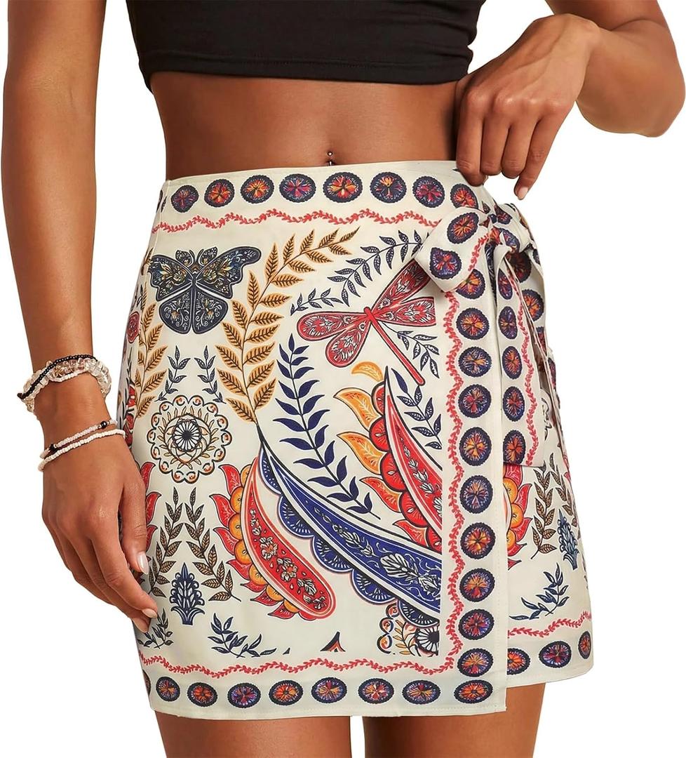 Womens Wrap Skirt Beach Summer Floral A Line Mini Short Skirts (L)