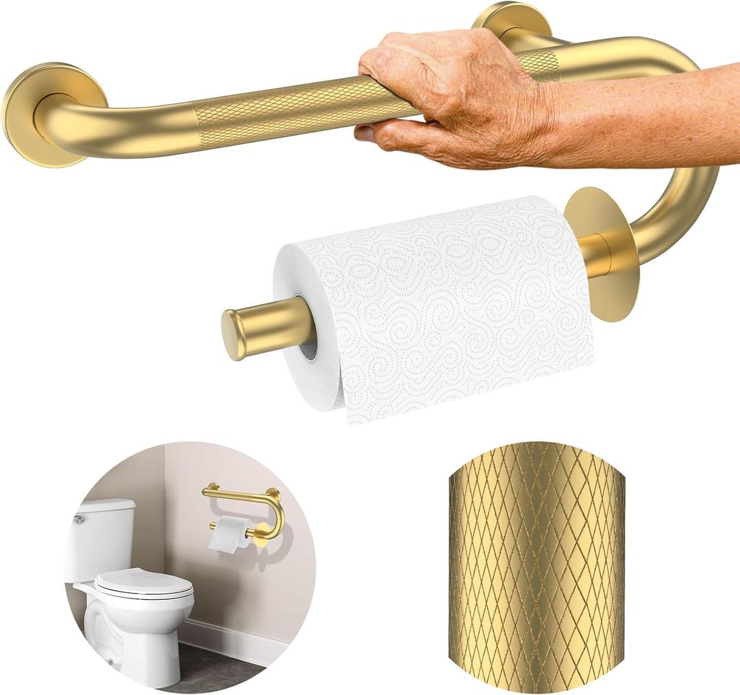 Toilet Grab Bars 16 Inch - Toilet Paper Holder Grab Bar Stainless Steel Knurled Toilet Grab Bars for Seniors Bathtub Bathroom Rails for Elderly Bath Safety Balance Support, Gold