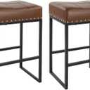 KKTONER Bar Stools Set of 2 Counter Height Stools 24-Inch Saddle Seat PU Leather Kitchen Stools with Footrest Dining Room Kitchen Island stools (Brown)