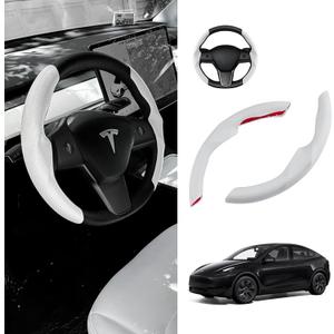 White Steering Wheel Cover for Tesla Model 3/Y 2016-2025 2026 Juniper/Highland | Non-Slip, Segmented, Custom-Fit, Carbon Fiber | Model Y Juniper Accessories | Model 3 Highland Accessories