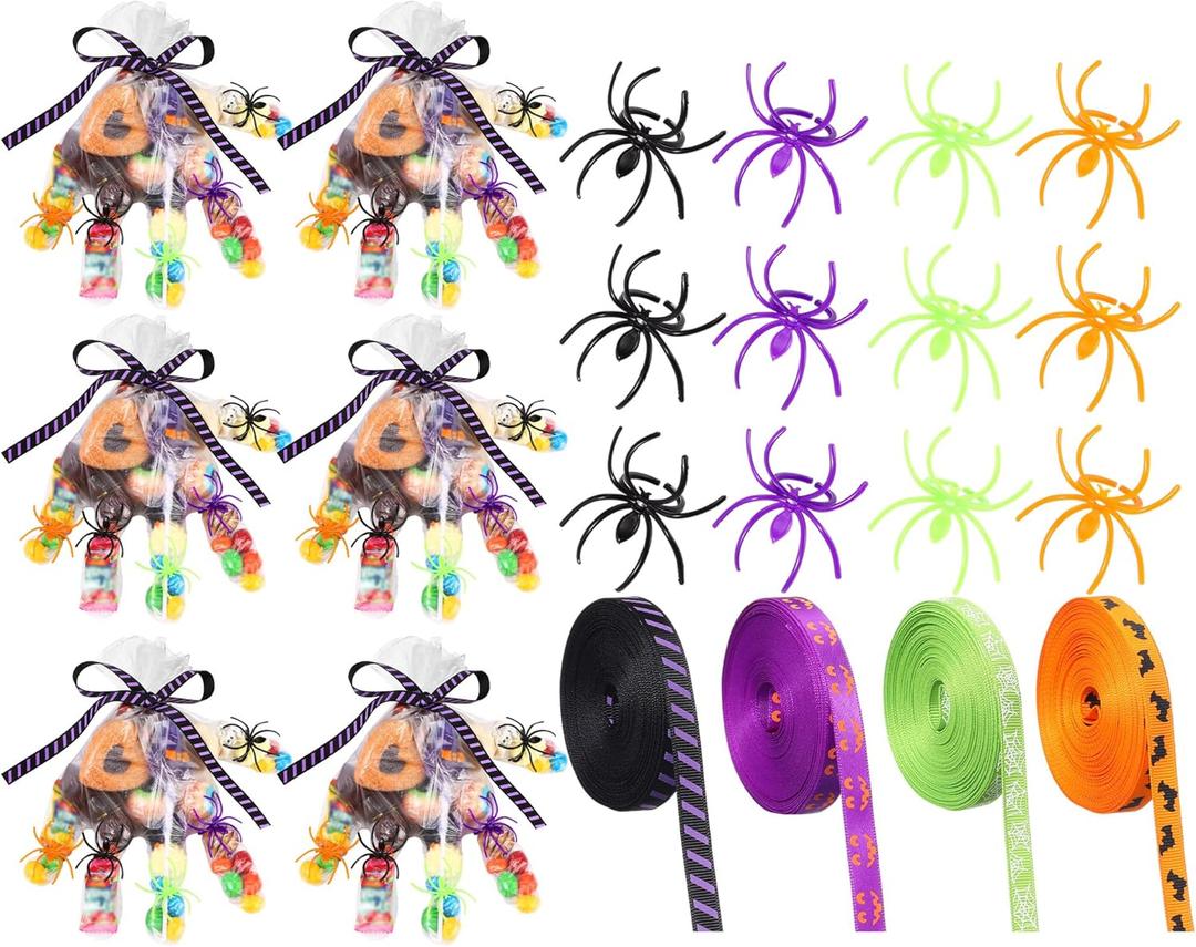 Civaner 324 Pcs Halloween Trick or Treat Gifts Set Include 120 Plastic Spider Rings 200 Disposable Gloves 4 Rolls Halloween Ribbon for Halloween Costume Accessories Party Decor Supplies DIY Crafts