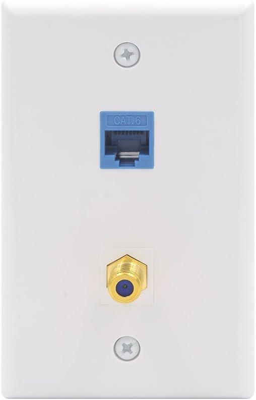 VCE Ethernet Coax Wall Plate (UL Listed), 2-Port Coax and Ethernet Wall Outlet with CAT6 Keystone Coupler and 3GHz Gold Plated Coaxial Keystone Jack Insert, Blue 1-Pack