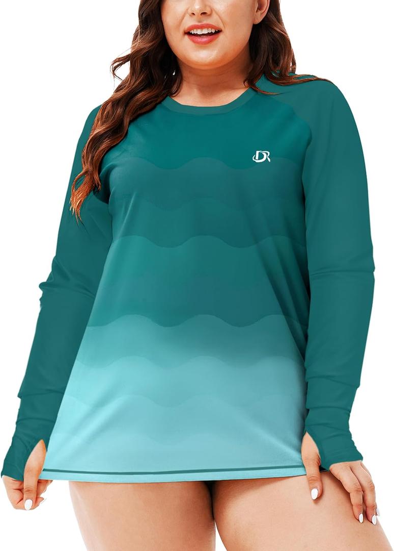 Deerose Women's Plus Size Rash Guard Long Sleeve Swim Shirts with Thumb Hole 6X-Large Plus, Green