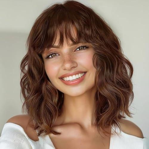 AISI HAIR Synthetic Wavy Curly Bob Wig with Bangs Brown Highlight Short Hair for Women Synthetic Heat Resistant Bob Wigs