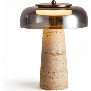 Travertine Lamp, Natural Stone Table Lamps with Glass Shade, 12W Mushroom Bedside Nightstand Light Decor for Bedroom Living Room Office Console Side Entryway Counter Gifts (Smoked Glass+Travertine)
