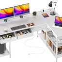 PRAISUN 55 Inch L Shaped Office Desk with Power Outlets and Type-C Port, Large Computer Gaming Desk with 3 Fabric Drawers, Mesh Shelves, Corner Study Work Writing Desk, White, 55.1inch