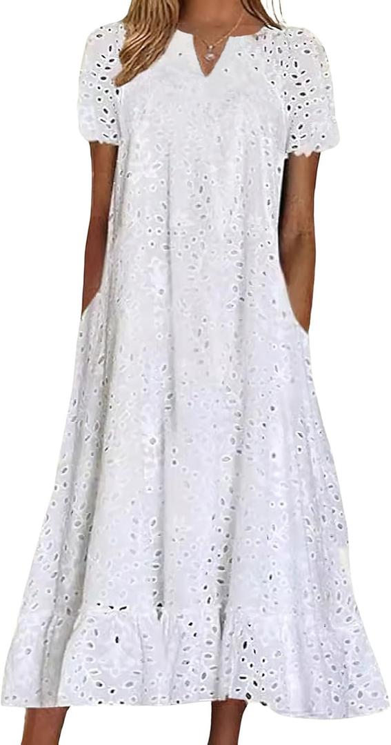 chouyatou Women Summer Ruffle Hem Floral Lace Eyelet Dress Casual Notch Neck Midi Tunic Dress with Pocket, X-large