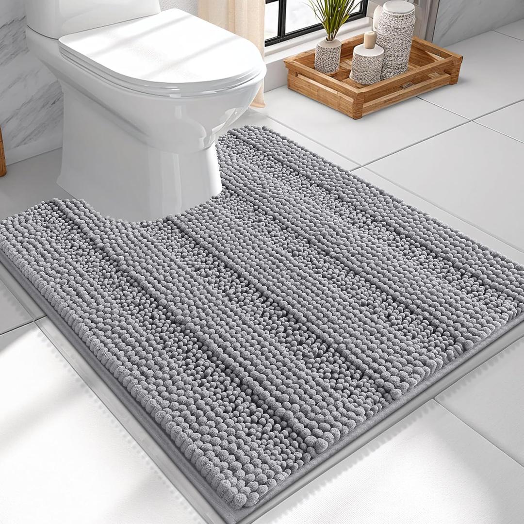 OLANLY Thick Toilet Rugs U-Shaped 24x20, Extra Soft Absorbent Chenille Striped Contour Bathroom Rugs for Toilet, Dry Quickly, Machine Washable, Non-Slip Bath Mat, Grey