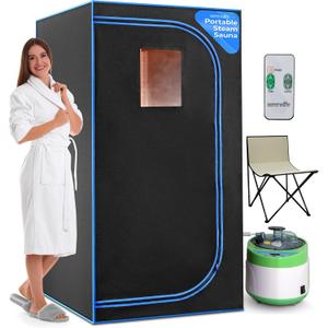 SereneLife Portable Sauna Box for Home, Steam Sauna Tent with Extra Large 4L Steamer - Includes Folding Sauna Chair, Remote Control w/ 9 Heat Levels for in-Home Spa - 2.9' x 2.9' x 5.9'
