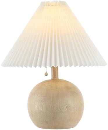 JONATHAN Y JYL1145B Aksel 17.25" Coastal Scandinavian Resin/Iron Sphere LED Table Lamp with Pleated Shade and Pull Chain, Beige Wood Finish/White, for Entry Console, Bedroom, Living Room
