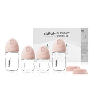 Natural Glass Baby Bottles Set 4 Pack, Newborn Girl Breastfeeding Bottles with Slow Flow Nipples, 0 Months+, 3 oz & 5 oz - Pink (4 Piece Assortment)