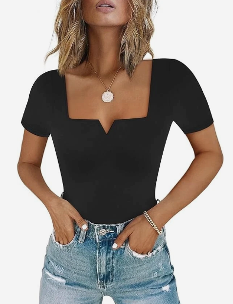 Chunpin Women's Square Neck Notch V Neck Short Sleeve Bodysuit Tops Double Lined, Size S