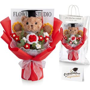 Giegxin Large Graduation Crochet Flowers Bouquet Set 2026 Grad Cap Plush Bear Hand Knitted Rose Tulip Daisy Sunflower Bouquet Greeting Card Gift Bag for Wedding Birthday Party(Red)