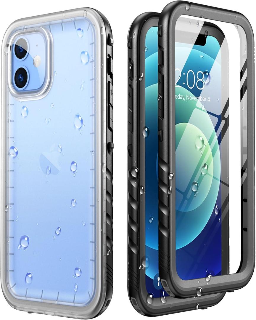 SOKUSIN for iPhone 12/12 Pro Case Waterproof - Dustproof Shock Drop Proof Case with Built-in Screen & Lens Protector, Full Body Rugged Underwater Protective Cover, 6.1" Black/Frosted Clear