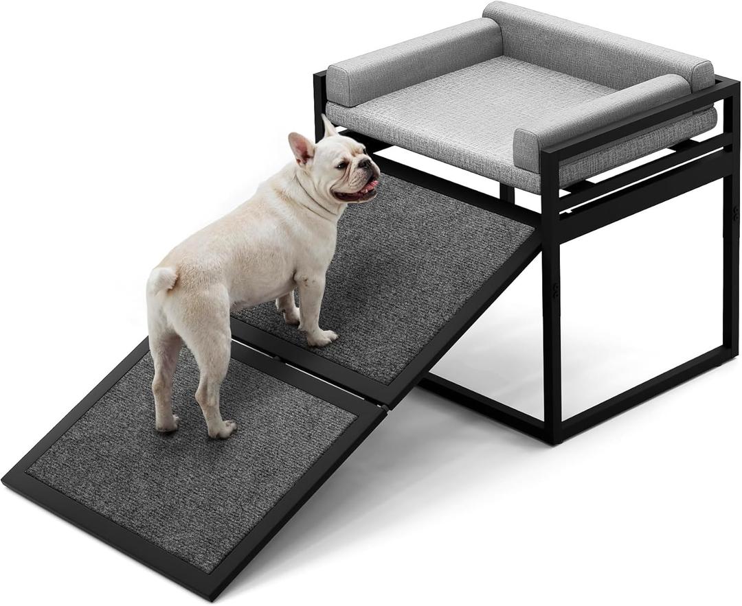 Pet Stairs Ramp Dog with Detachable 20% Wider Seat Mate,Companion Chair Platform for Small Doggie and Cat,Dachshund Puppy Non-Slip Ladder Perch,Doggy Step for High Bed Window Sofa Office Grey (Gray)