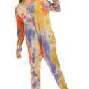 Lifeye Womens Onesie Pajamas Romper Sleepwear Set Tie Dye Long Sleeve Jumpsuit Homewear with Drop Seat Butt Flap (L)