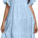 Womens Boho Summer Dresses 2025 Resort V Neck Short Sleeve Hollow Out Lace Ruffle Casual Beach Mini Vacation Dress L
