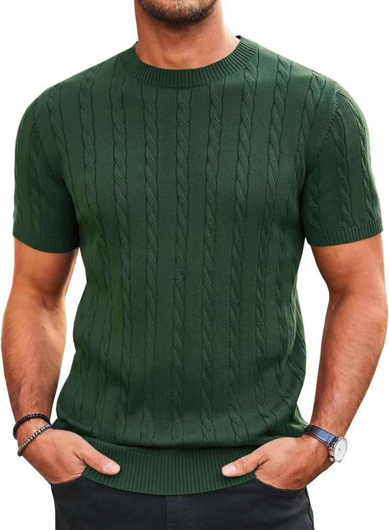 Runcati Mens Knit Short Sleeve T Shirts Casual Crewneck Slim Fit Shirt Cable Knitted Stretch Pullover Tees (L)