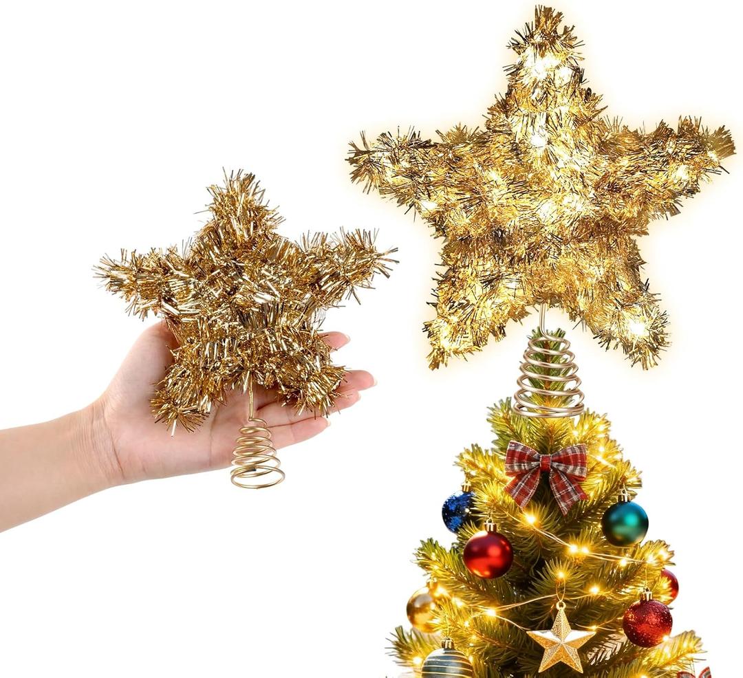 LAWOHO Christmas Tree Topper Star, Vintage Christmas Decor, Mini Shiny Golden 6 Inch Christmas Tree Decoration with 6H Timer, 20 Warm Lights for Xmas Tree, Holiday & Party, Indoor Home