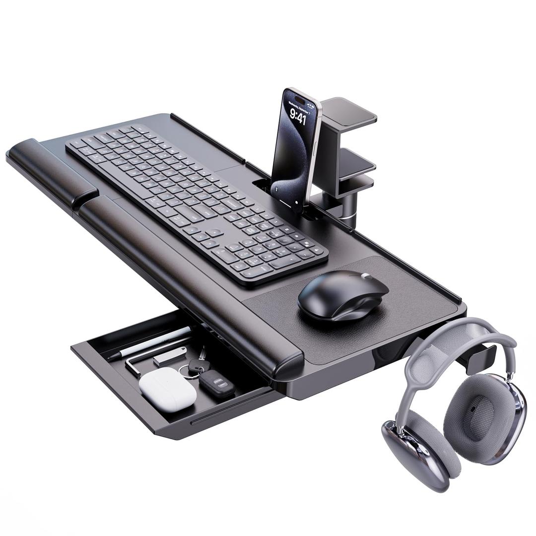 AX WABER Keyboard Tray Under Desk Pull Out with Extra Sturdy Adjustable C Clamp Mount System, 27.3 (32.5 inch Including Clamps) x 11 Inch SlideOut Platform Computer Drawer for Typing, Black,AX01WB01
