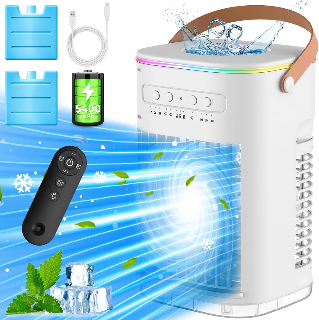 BALKO Mini Air Conditioner, 3 IN 1 Portable Desk Fan w/5400mAh Battery, 3 Speeds, Remote Control, Night Light, USB Powered Evaporative Air Cooler, Personal Air Conditioner for Room Bedroom Office