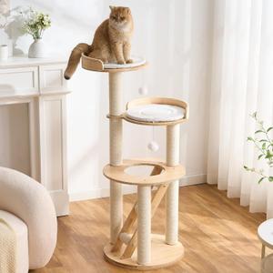 797Audio Morden Solid Wood Cat Tree Tower, 49" Tall Cat Tree with Sisal Scratching Posts and Ladder for Large Cats, Natural Oak Wooden Cat Tower, Aesthetic Multi-Level Cat Climbing Tree for Indoor Cat