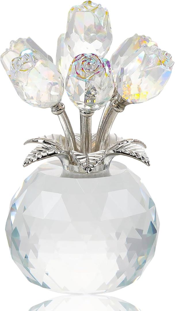 Crystal Clear Rose Bouquet Figurine with Round Vase, Glass Rose Flower Romantic Gifts for Women Mom on Birthday, Collectible Decoration Table Centerpiece for Home
