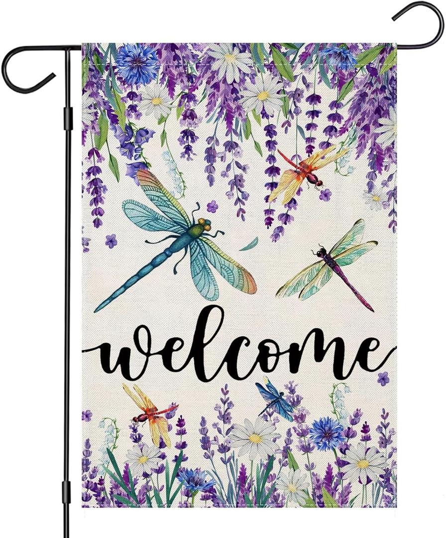 Welcome Summer Garden Flags for Outside, Seasonal Watercolor Lavender with Dragonfly for Holiday Spring Decor Small Yard Outdoor Decoration 12x18 Inch Double Sided
