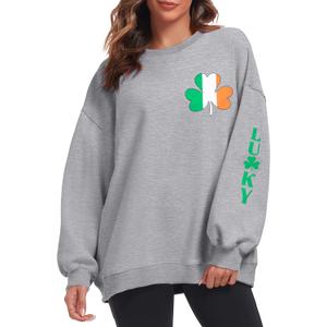 JINTING St Patricks Day Sweatshirt Women Irish Clover Long Sleeve Shirt Lucky Shamrock Graphic Pullover Tops (Small, Grey)