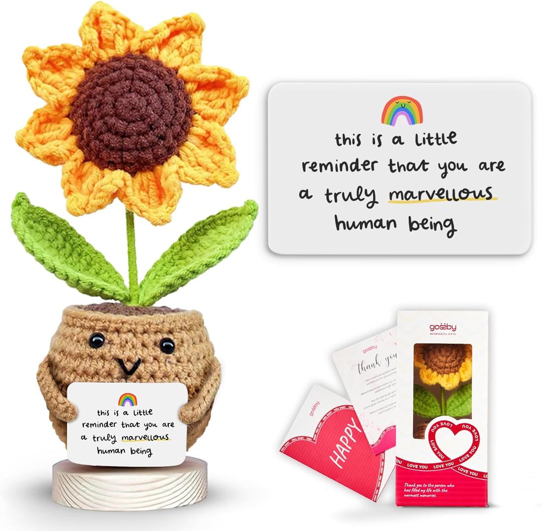 Gossby Positive Sunflower Doll Crochet with Card - This is A Little Reminder - Appreciation Gift for Coworker, Best Friend, Teacher, Sister, Mom - Christmas, Birthday, Thank You Gift for Women, Men